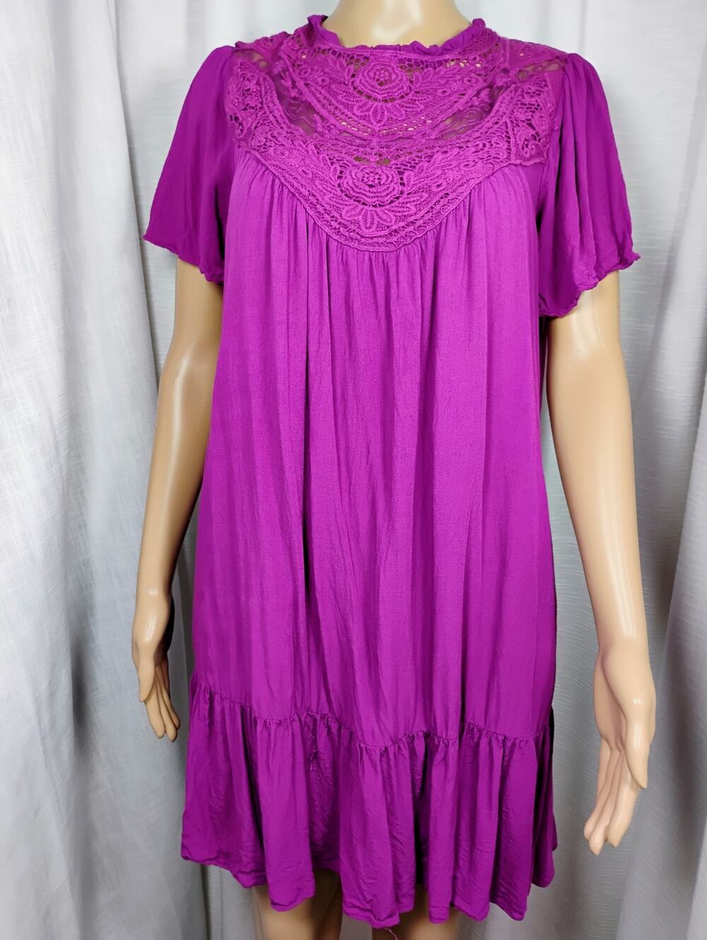 Davi Dani Womens M Fuchsia Lined Babydoll Dress Ruffle Lace Yoke Boho Romantic